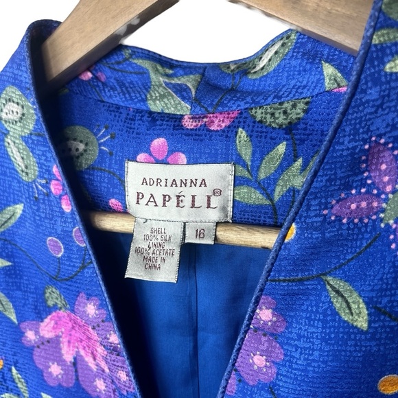 Adrianna Papell Blue Lightweight 100% Silk Purple Floral Blazer Women’s Size 16 - Picture 3 of 4